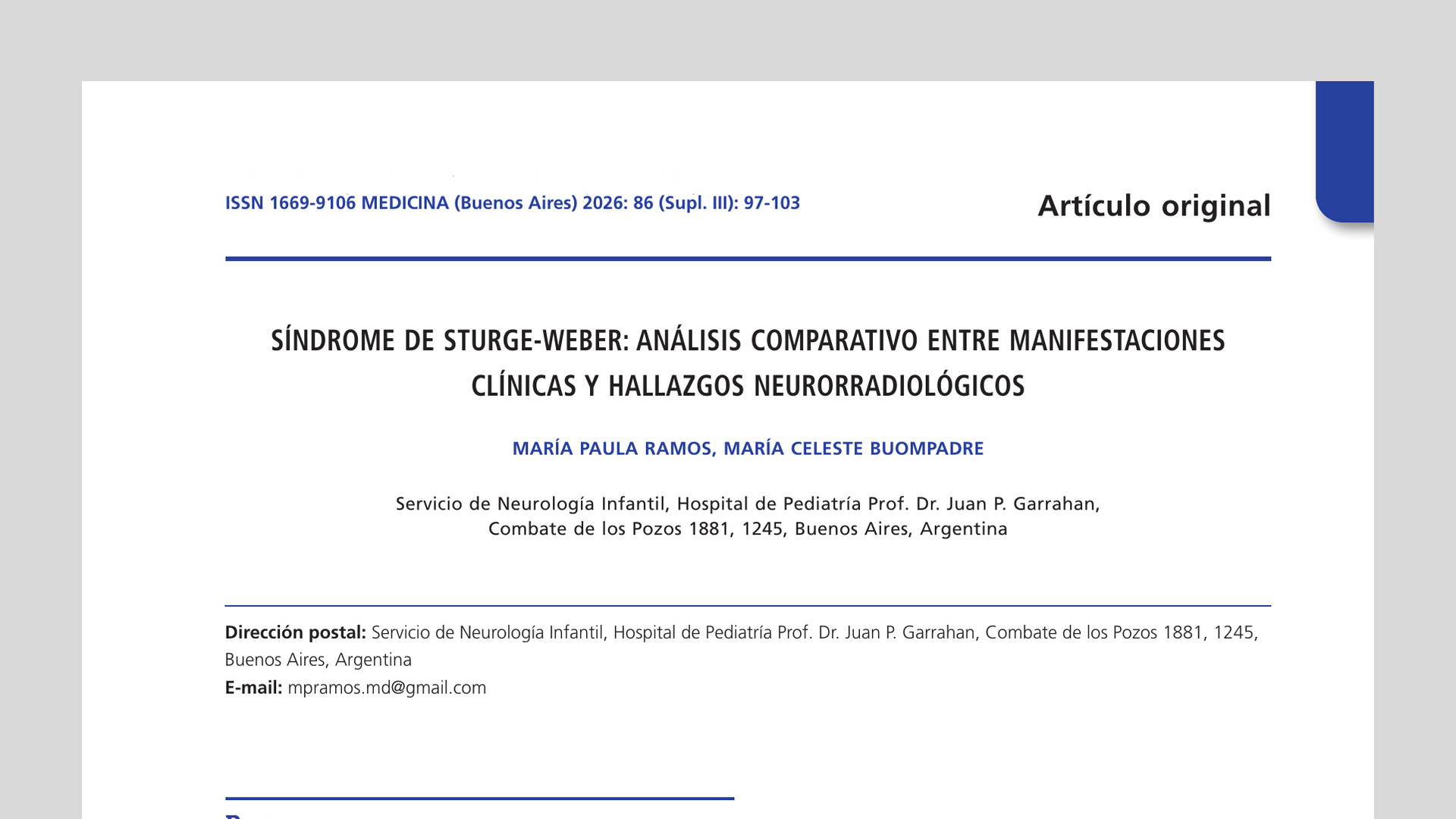 Síndrome de Sturge-Weber: análisis comparativo entre manifestaciones clínicas y hallazgos neurorradiológicos